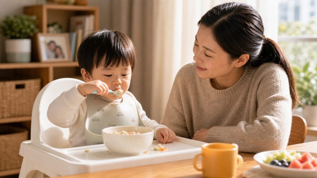 宝宝吃饭弄得到处都是，别急着接过勺子